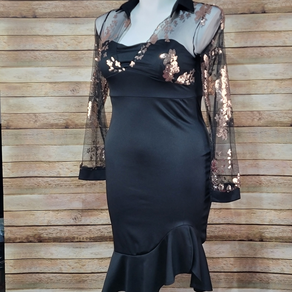 Black cocktail dress with gold trim XL nwot